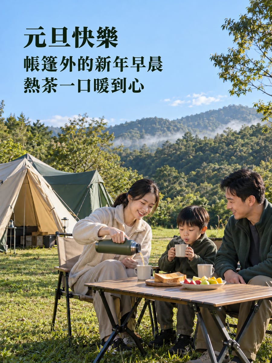 元旦露營早晨。圖中文字：元旦快樂，帳篷外的新年早晨，熱茶一口暖到心