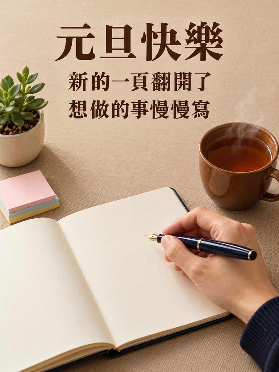 攤開空白手帳寫新計畫。圖中文字：元旦快樂，新的一頁翻開了，想做的事慢慢寫