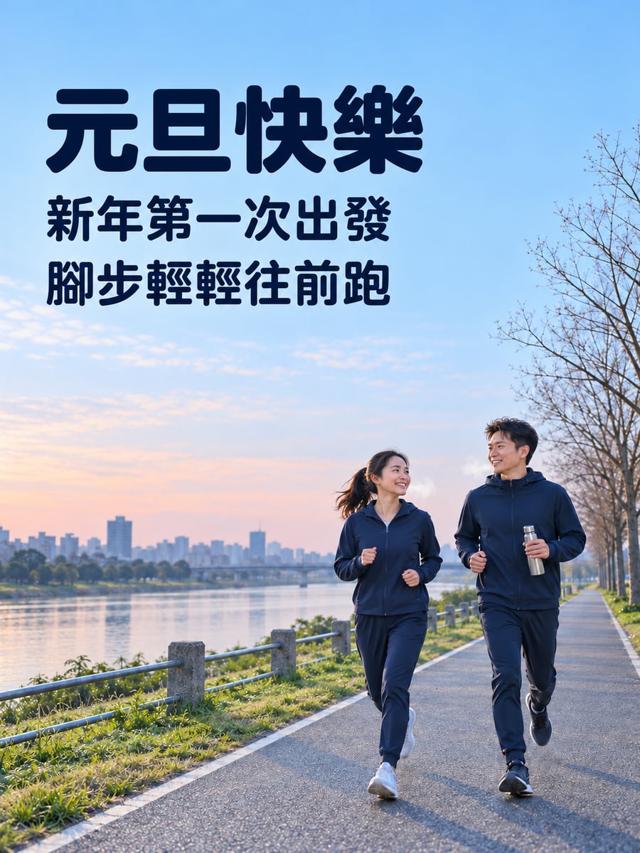 元旦清晨河濱慢跑。圖中文字：元旦快樂，新年第一次出發，腳步輕輕往前跑