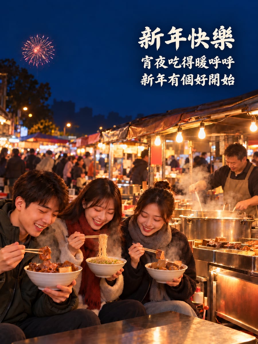 跨年後夜市宵夜攤。圖中文字：新年快樂，宵夜吃得暖呼呼，新年有個好開始