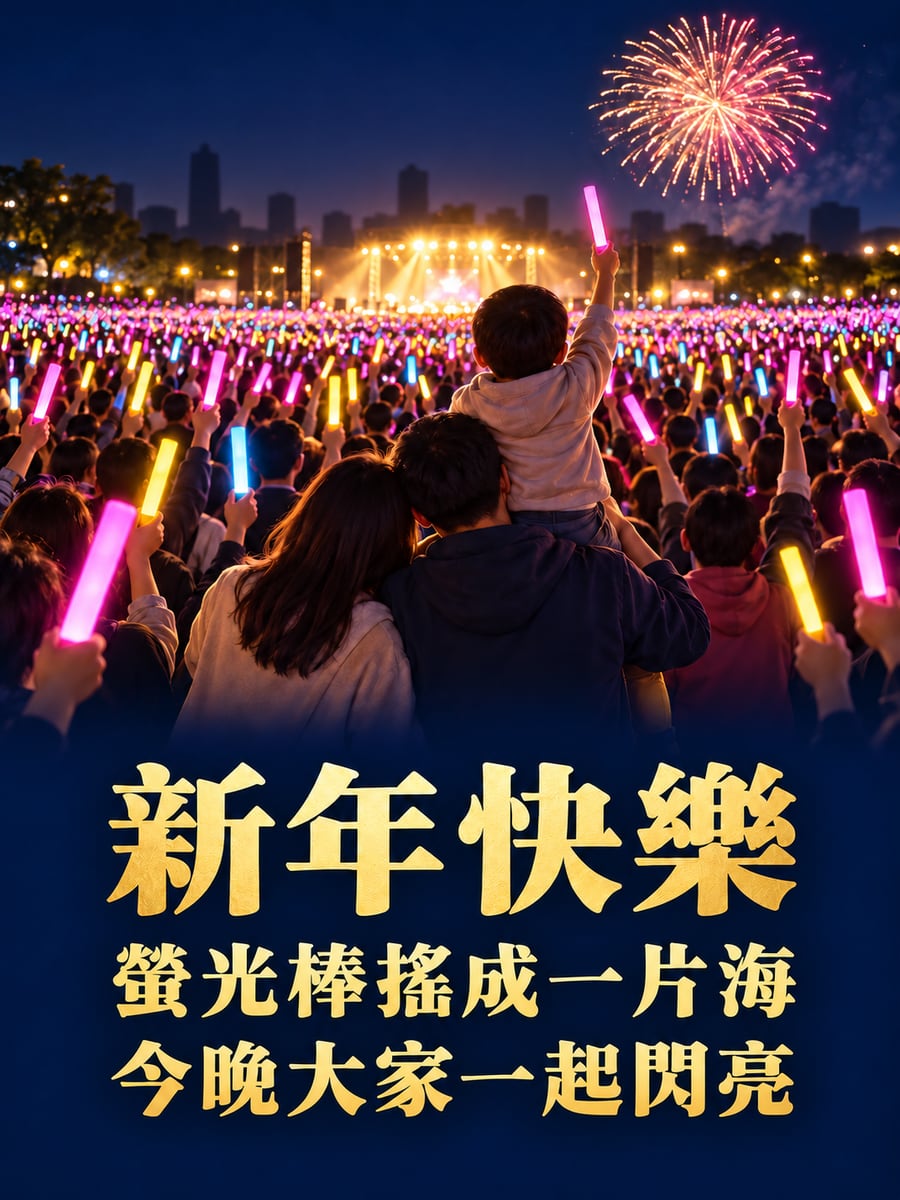 螢光棒海洋跨年晚會。圖中文字：新年快樂，螢光棒搖成一片海，今晚大家一起閃亮
