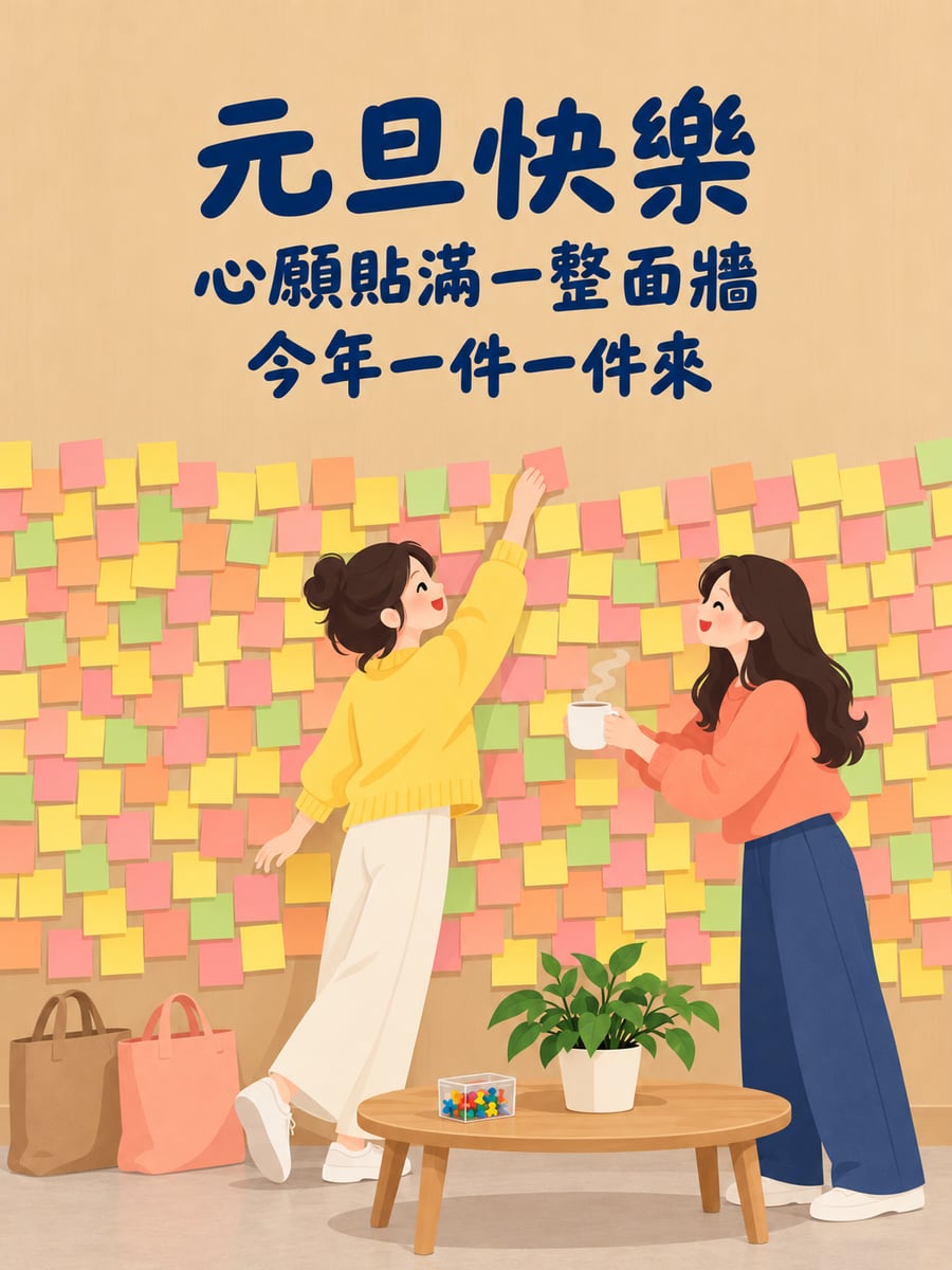便利貼貼滿心願牆。圖中文字：元旦快樂，心願貼滿一整面牆，今年一件一件來