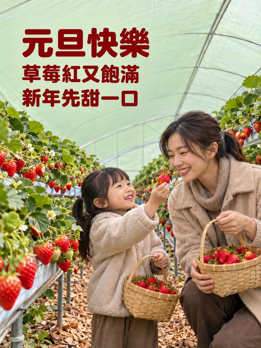 元旦到草莓園採草莓。圖中文字：元旦快樂，草莓紅又飽滿，新年先甜一口