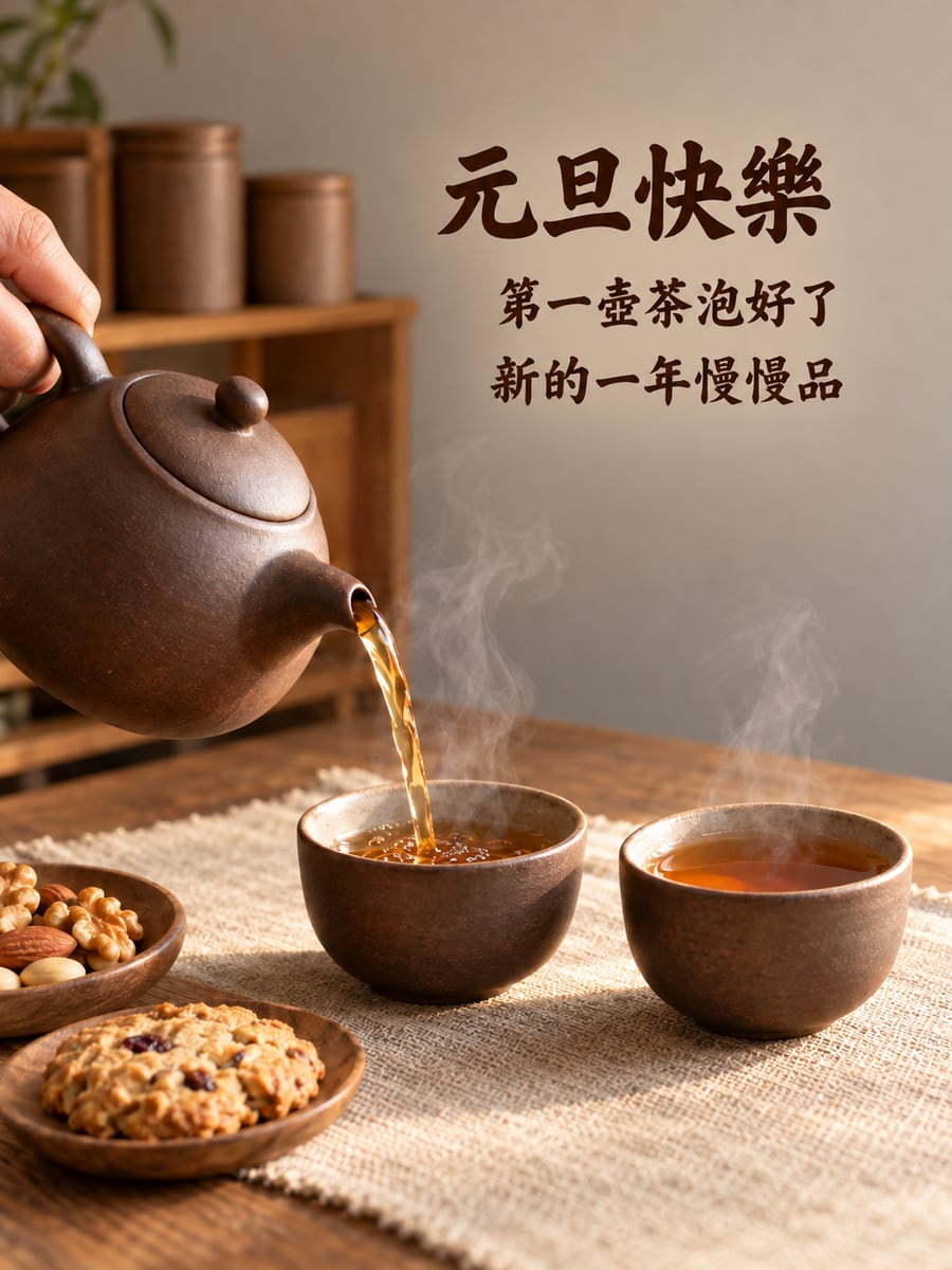新年的第一壺茶。圖中文字：元旦快樂，第一壺茶泡好了，新的一年慢慢品