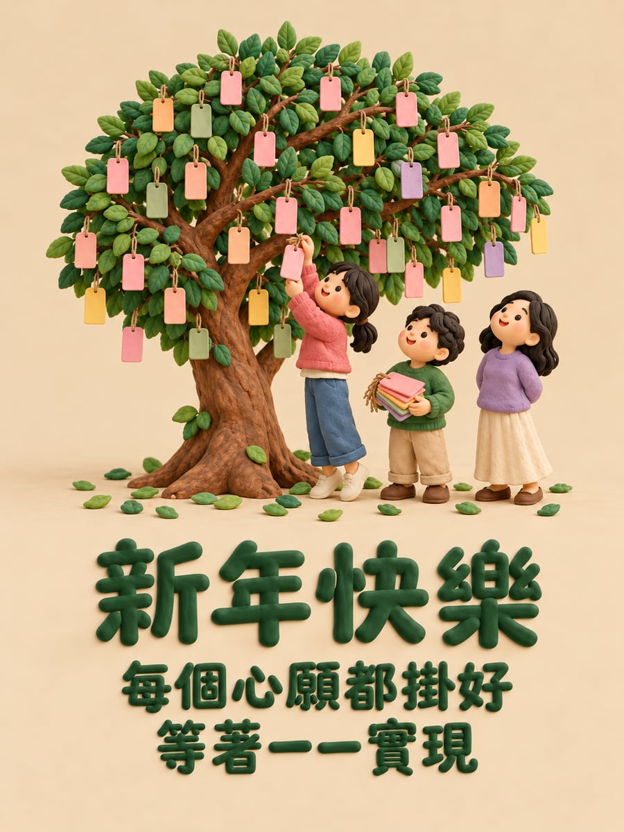 黏土小人掛心願。圖中文字：新年快樂，每個心願都掛好，等著一一實現