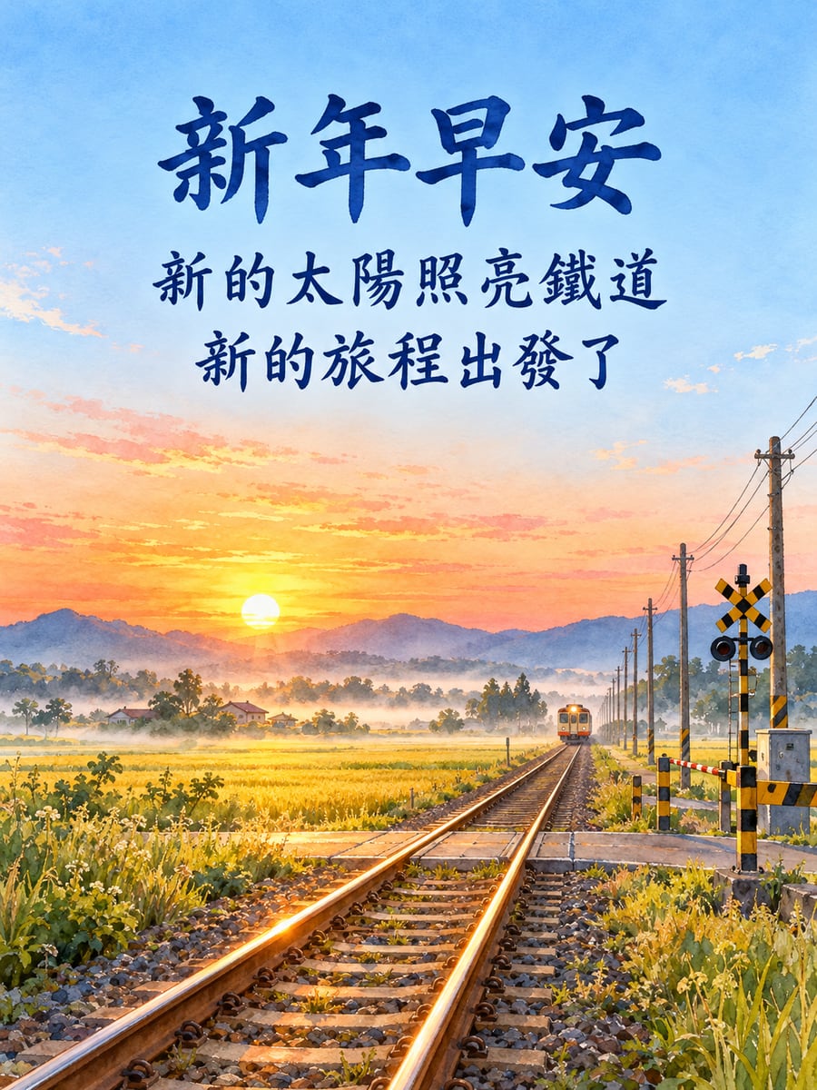 晨光裡的鄉間鐵道。圖中文字：新年早安，新的太陽照亮鐵道，新的旅程出發了