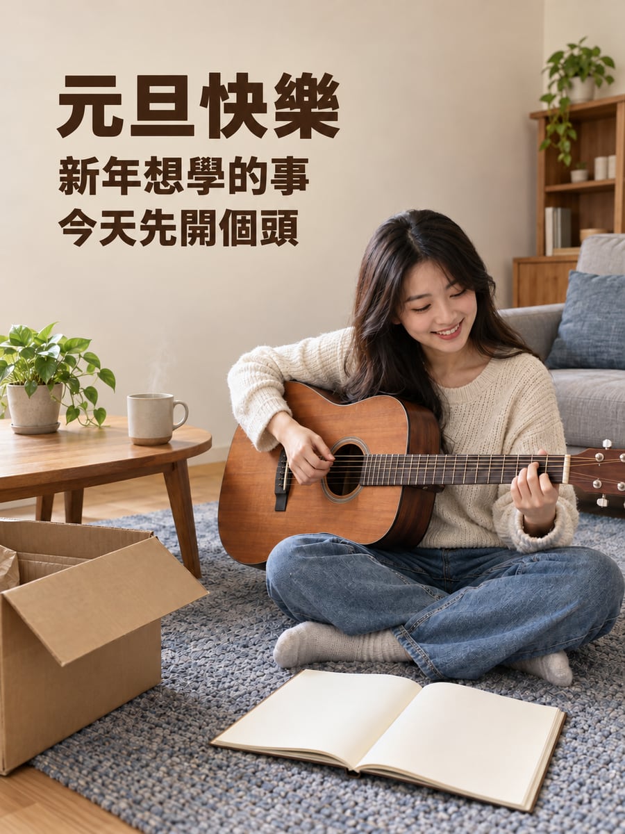 新年學的第一個和弦。圖中文字：元旦快樂，新年想學的事，今天先開個頭