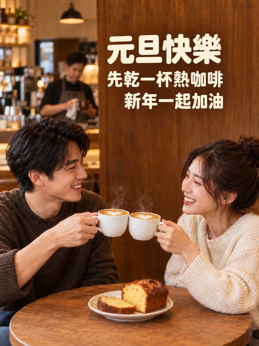 咖啡廳兩杯咖啡碰杯。圖中文字：元旦快樂，先乾一杯熱咖啡，新年一起加油