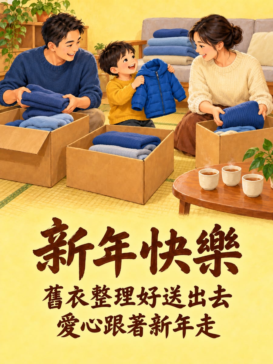 整理舊衣捐出去。圖中文字：新年快樂，舊衣整理好送出去，愛心跟著新年走