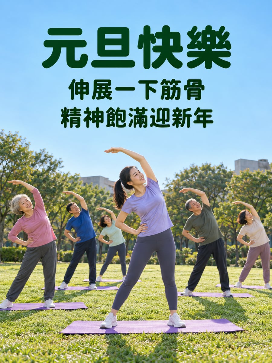 草地上的新年瑜珈。圖中文字：元旦快樂，伸展一下筋骨，精神飽滿迎新年