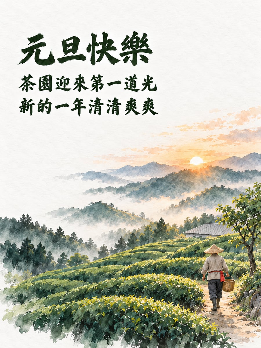 茶園裡的新年晨光。圖中文字：元旦快樂，茶園迎來第一道光，新的一年清清爽爽