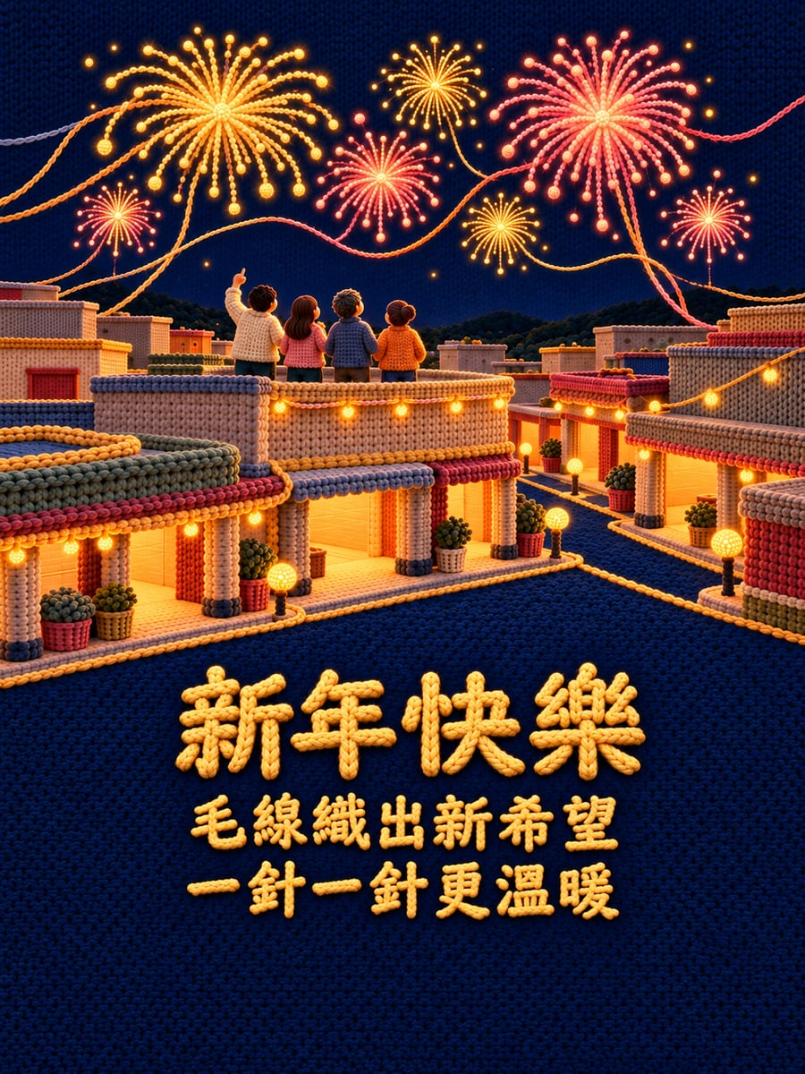 毛線小鎮看煙火。圖中文字：新年快樂，毛線織出新希望，一針一針更溫暖