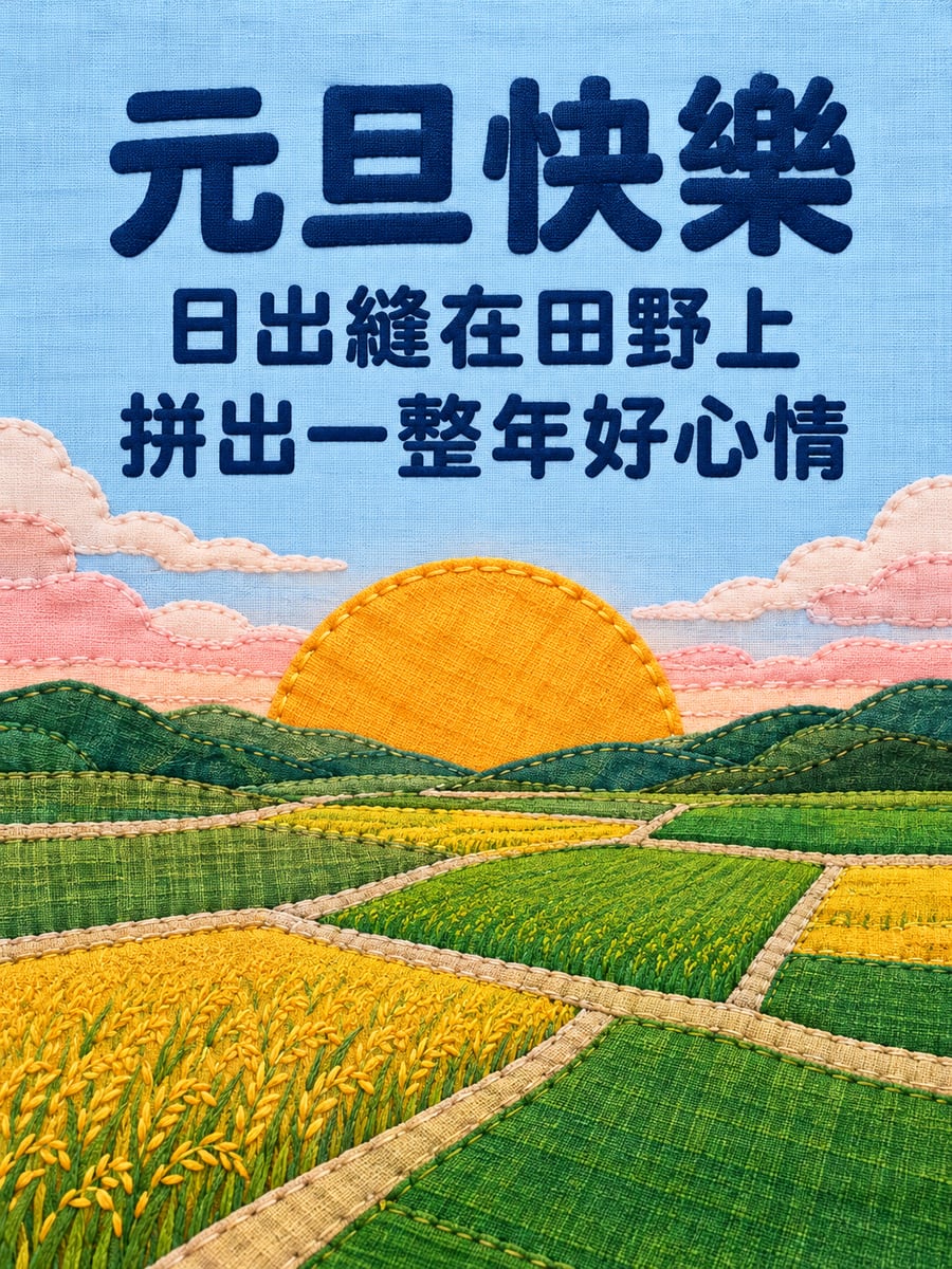 拼布縫出的日出田野。圖中文字：元旦快樂，日出縫在田野上，拼出一整年好心情
