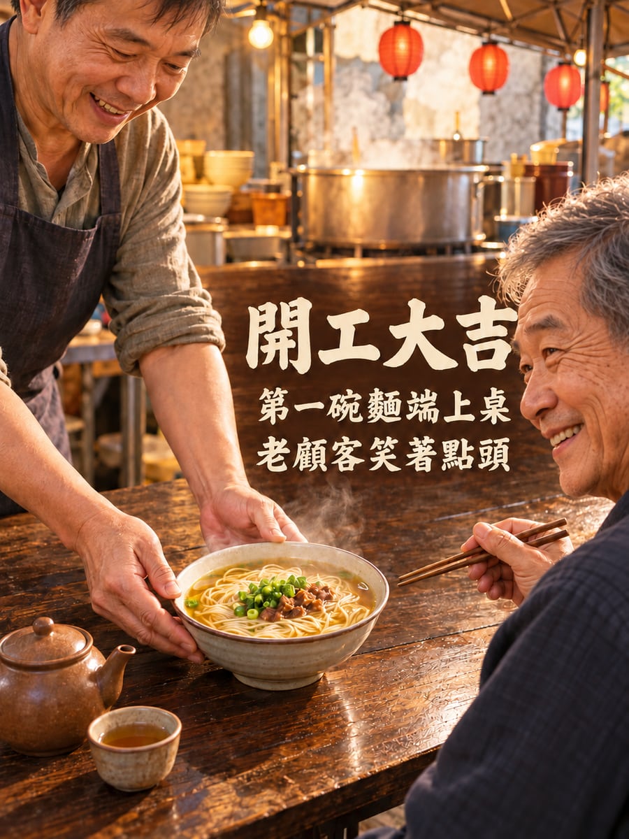 麵攤端出第一碗。圖中文字：開工大吉，第一碗麵端上桌，老顧客笑著點頭