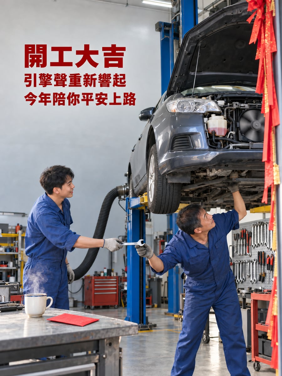 修車廠的第一台車。圖中文字：開工大吉，引擎聲重新響起，今年陪你平安上路