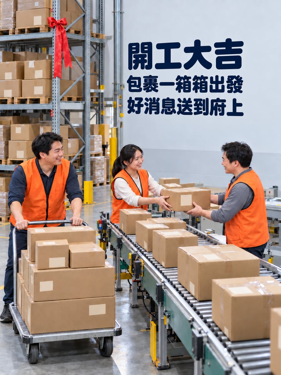 倉庫裡一箱箱包裹。圖中文字：開工大吉，包裹一箱箱出發，好消息送到府上