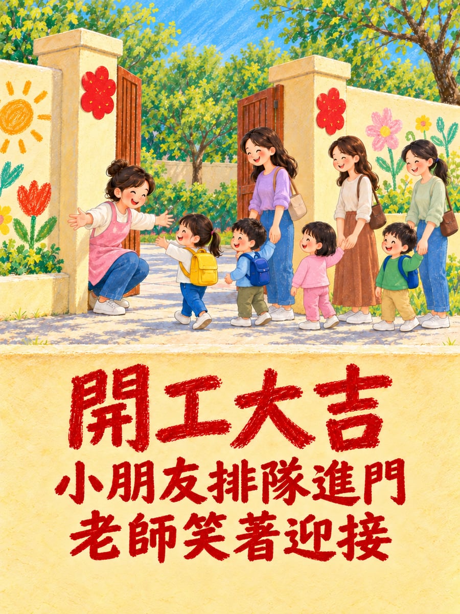 幼兒園門口迎接小朋友。圖中文字：開工大吉，小朋友排隊進門，老師笑著迎接