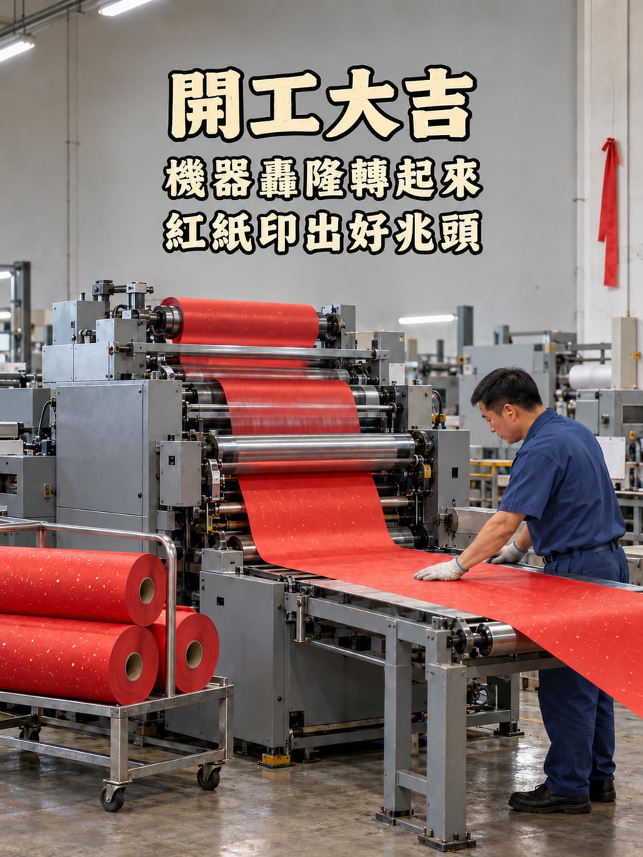 印刷廠轉動的紅紙卷。圖中文字：開工大吉，機器轟隆轉起來，紅紙印出好兆頭