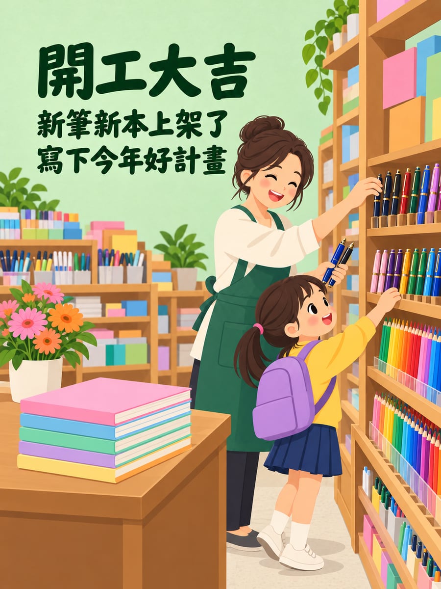 文具行排上新筆。圖中文字：開工大吉，新筆新本上架了，寫下今年好計畫