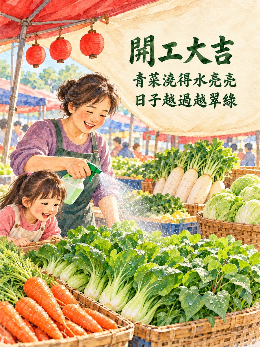 菜攤噴水保鮮。圖中文字：開工大吉，青菜澆得水亮亮，日子越過越翠綠