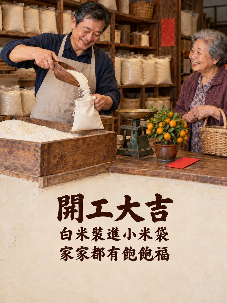 米店舀米裝袋。圖中文字：開工大吉，白米裝進小米袋，家家都有飽飽福