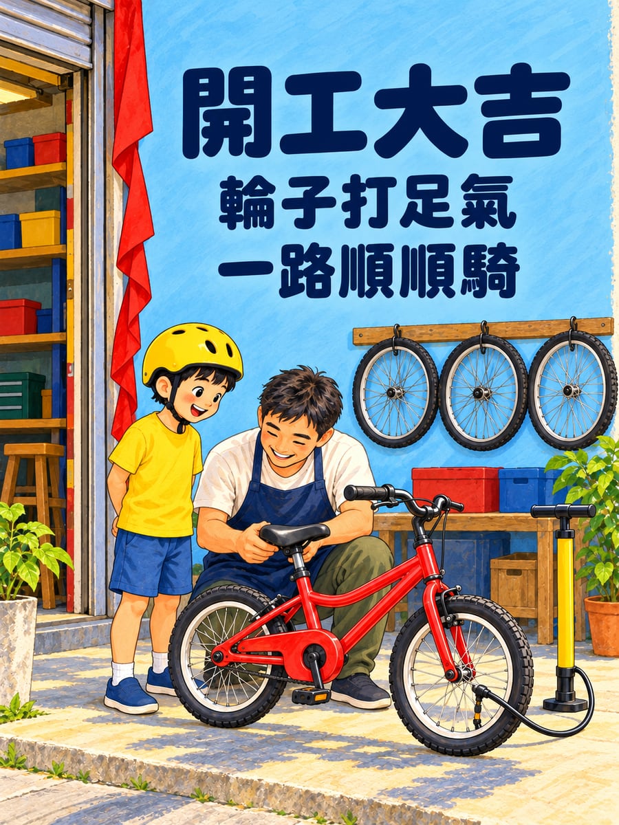 腳踏車行幫小孩調座墊。圖中文字：開工大吉，輪子打足氣，一路順順騎