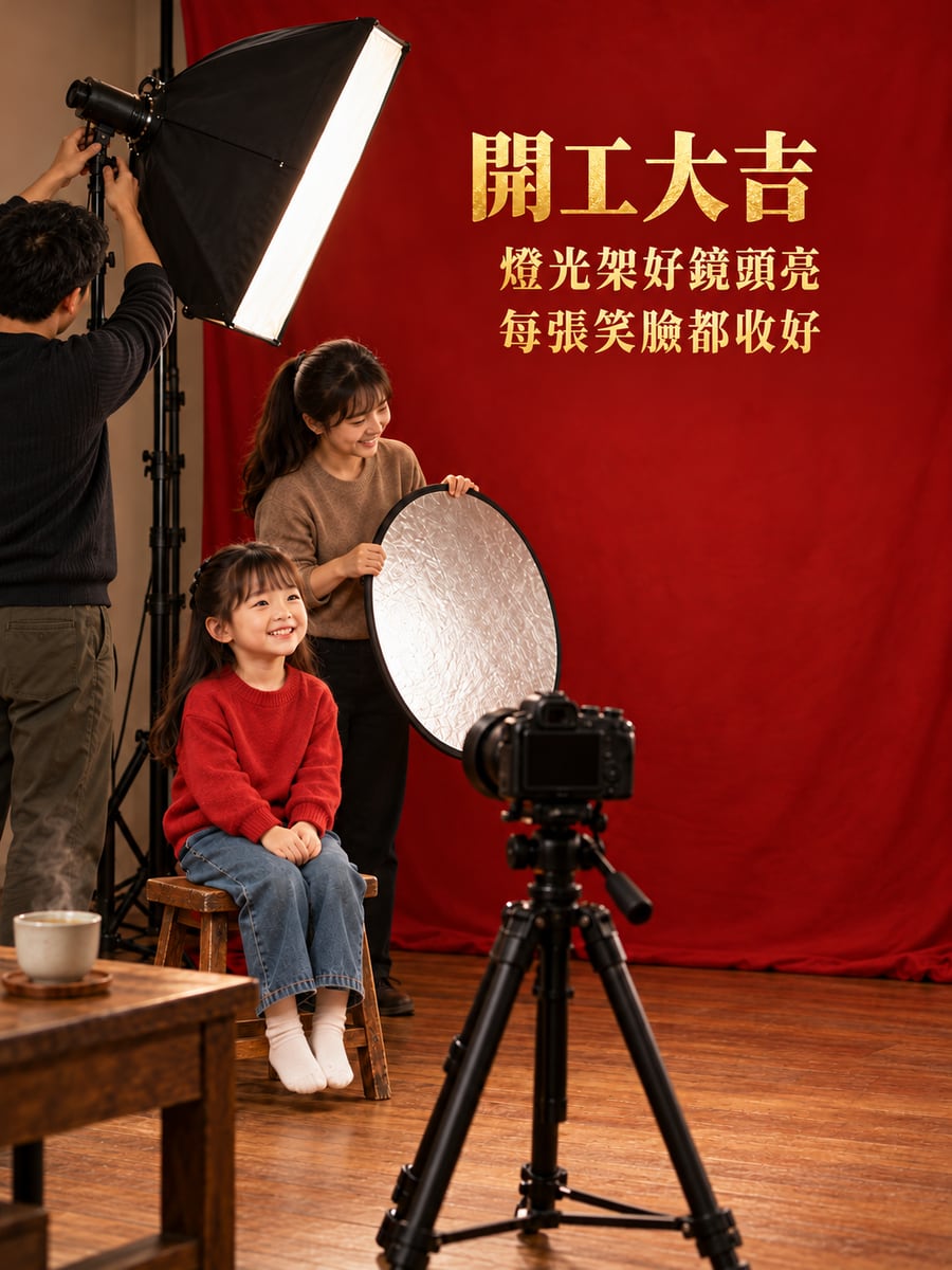 攝影棚架好燈光。圖中文字：開工大吉，燈光架好鏡頭亮，每張笑臉都收好