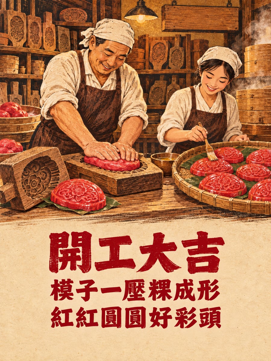 糕餅店壓紅龜粿。圖中文字：開工大吉，模子一壓粿成形，紅紅圓圓好彩頭