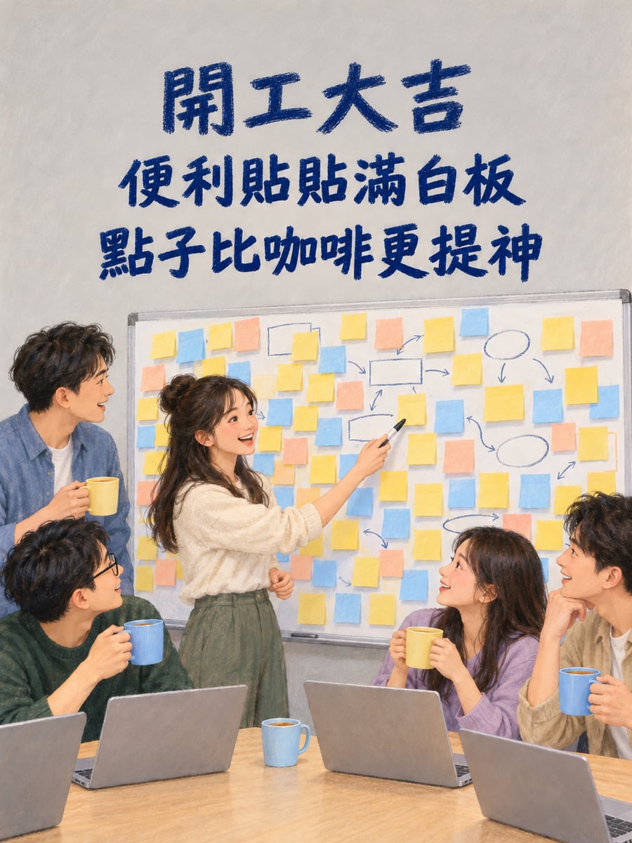 工程師團隊圍著白板。圖中文字：開工大吉，便利貼貼滿白板，點子比咖啡更提神