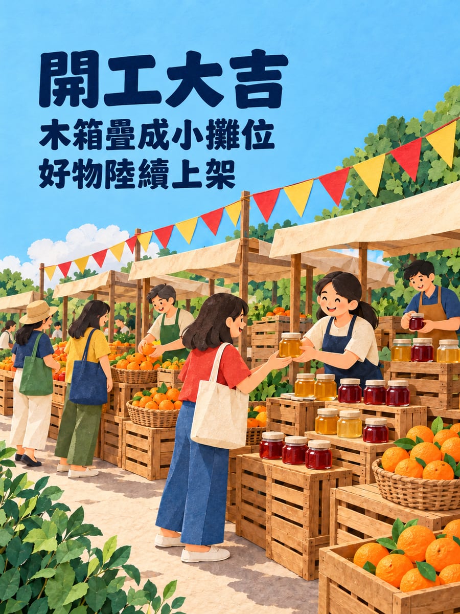 假日市集木箱小攤。圖中文字：開工大吉，木箱疊成小攤位，好物陸續上架