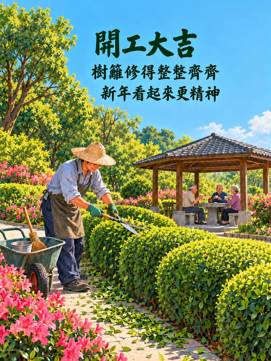 園丁修剪樹籬。圖中文字：開工大吉，樹籬修得整整齊齊，新年看起來更精神