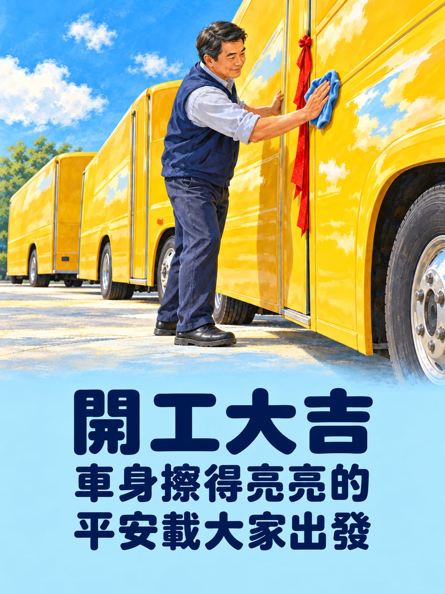 校車司機擦亮車身。圖中文字：開工大吉，車身擦得亮亮的，平安載大家出發
