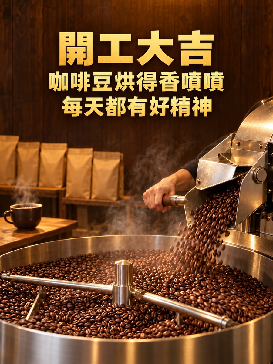 烘豆機倒出熱騰騰的咖啡豆。圖中文字：開工大吉，咖啡豆烘得香噴噴，每天都有好精神