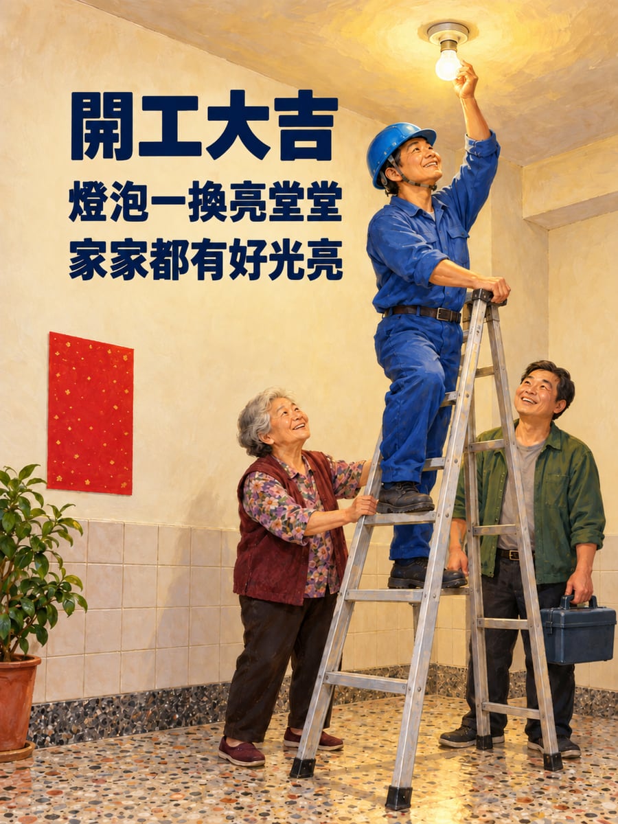 水電師傅爬梯換燈泡。圖中文字：開工大吉，燈泡一換亮堂堂，家家都有好光亮