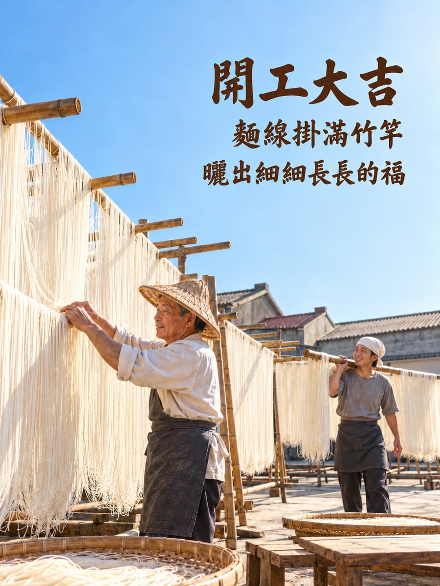 曬麵線的老師傅。圖中文字：開工大吉，麵線掛滿竹竿，曬出細細長長的福