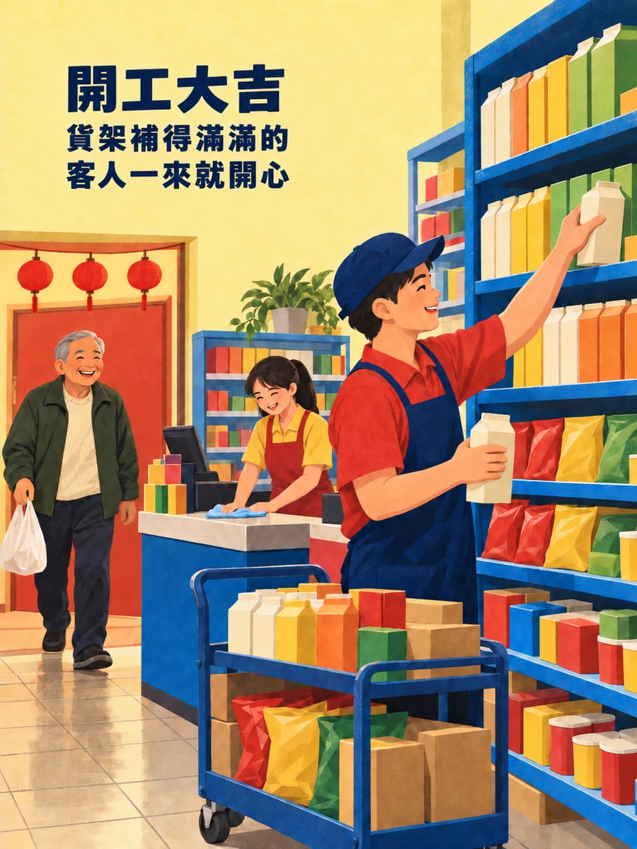 店員補滿貨架。圖中文字：開工大吉，貨架補得滿滿的，客人一來就開心