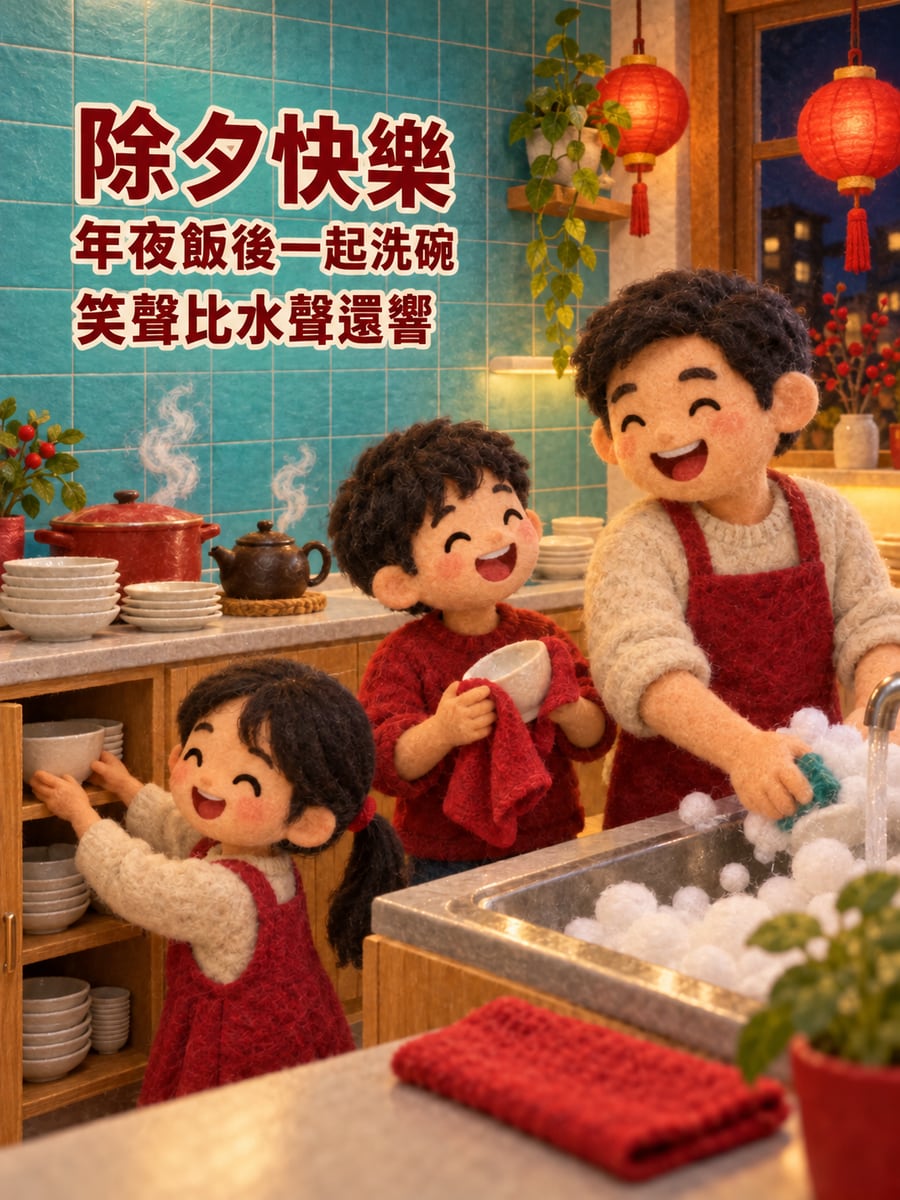 羊毛氈年夜飯後洗碗。圖中文字：除夕快樂，年夜飯後一起洗碗，笑聲比水聲還響