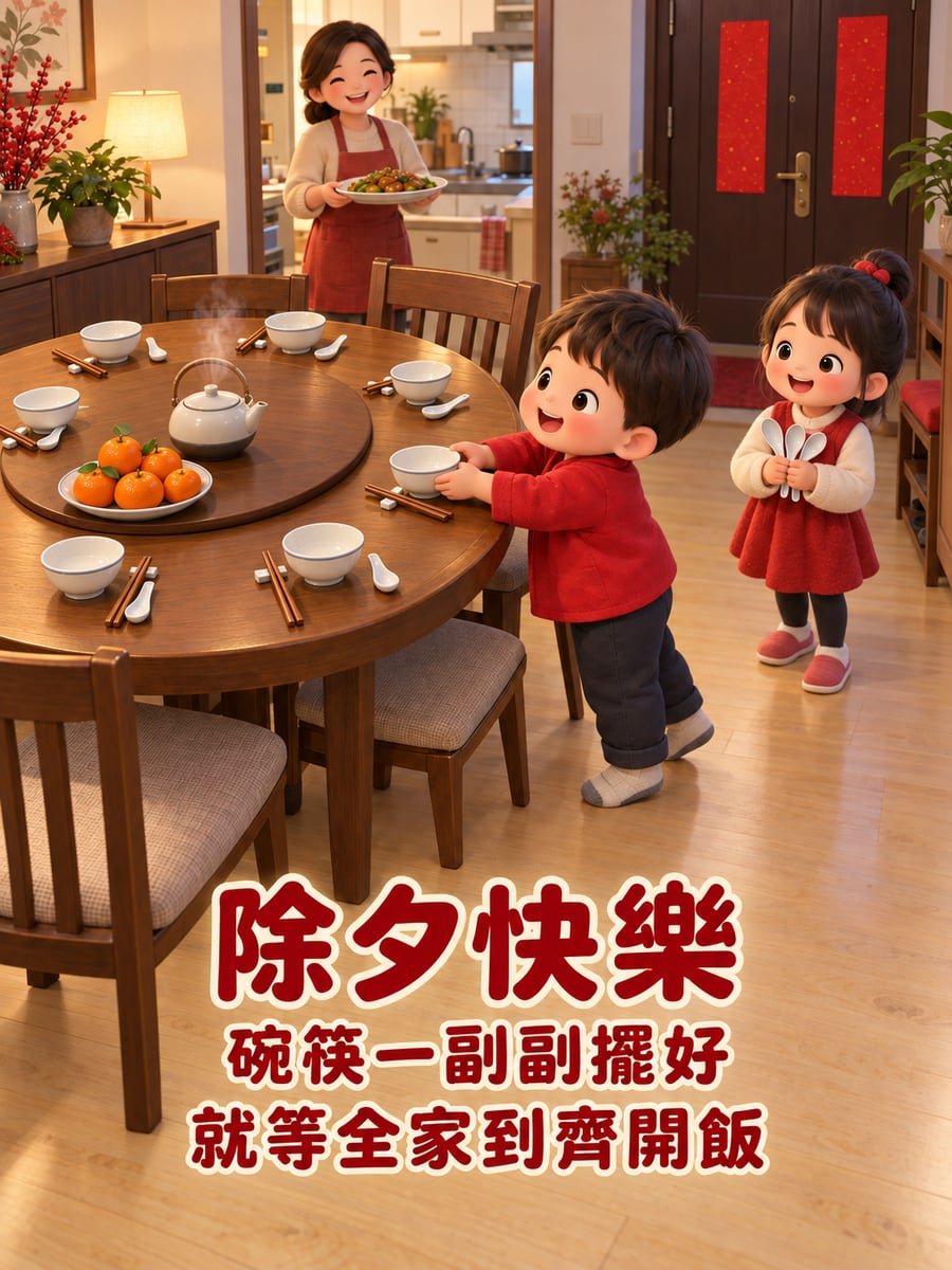 Q版小孩擺碗筷。圖中文字：除夕快樂，碗筷一副副擺好，就等全家到齊開飯