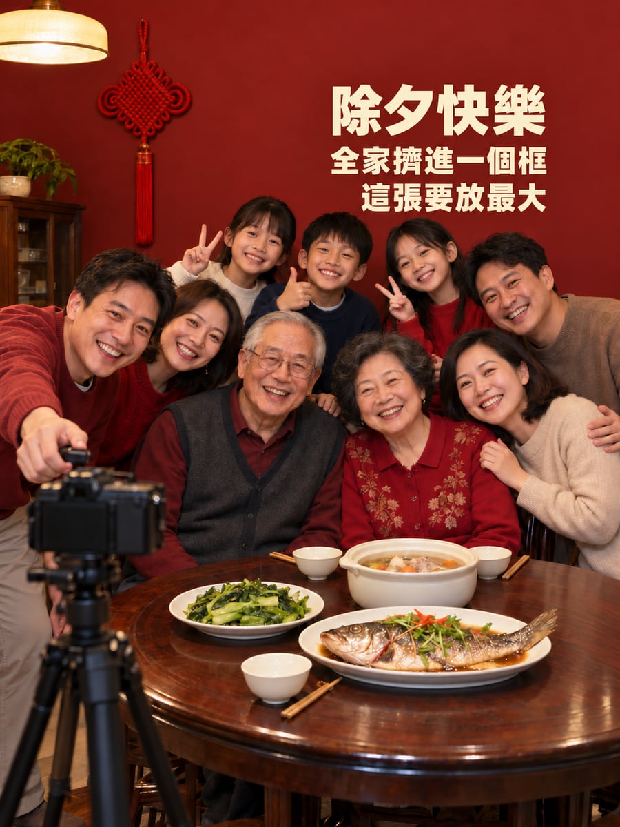 開飯前三腳架全家福。圖中文字：除夕快樂，全家擠進一個框，這張要放最大