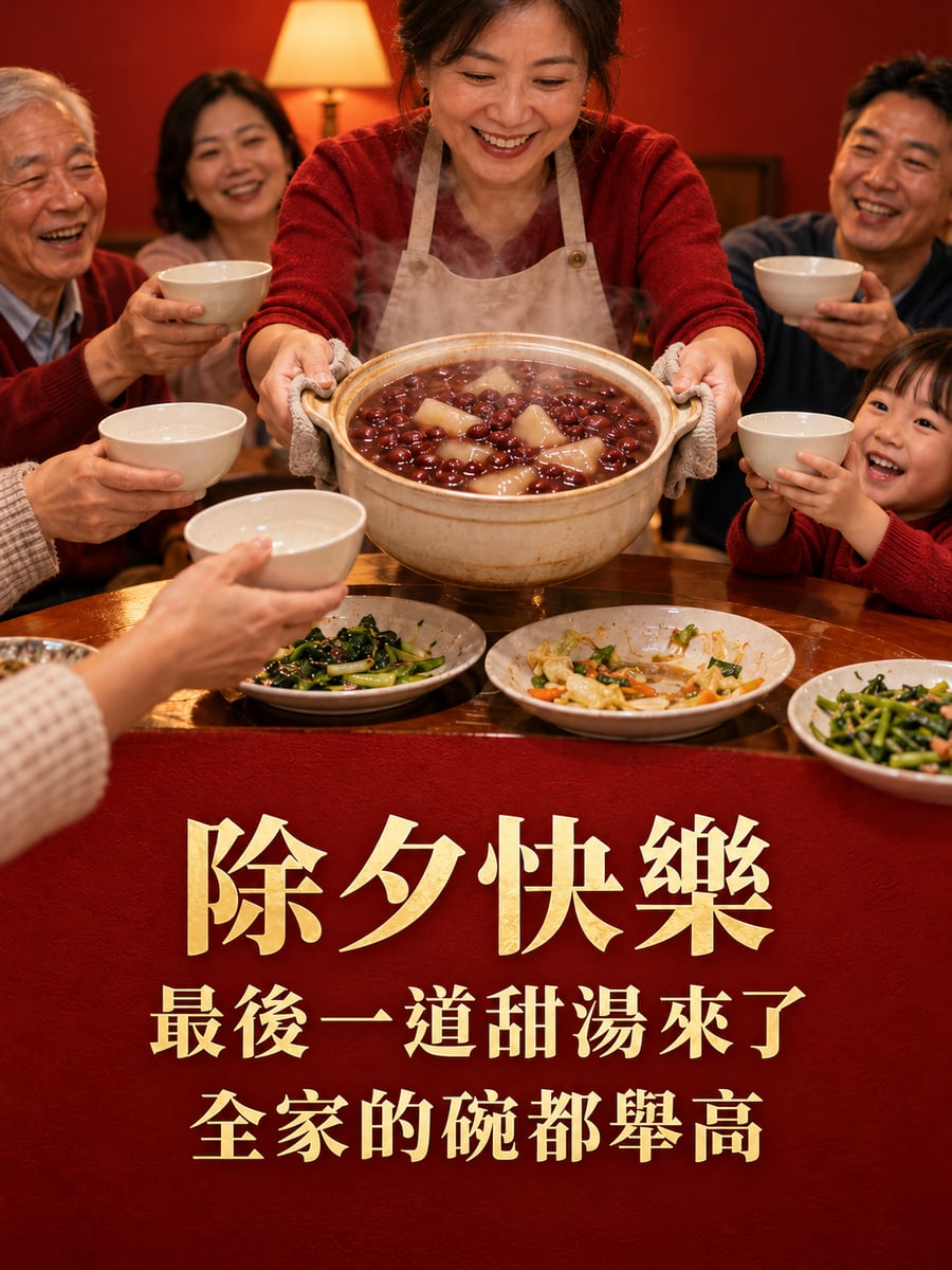 年夜飯最後一道甜湯。圖中文字：除夕快樂，最後一道甜湯來了，全家的碗都舉高
