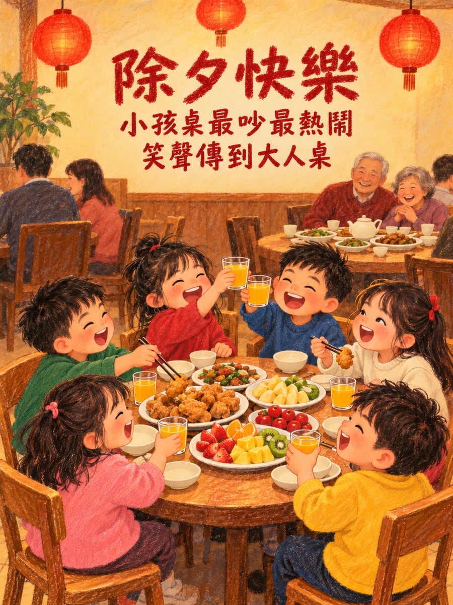 孩子桌最熱鬧。圖中文字：除夕快樂，小孩桌最吵最熱鬧，笑聲傳到大人桌