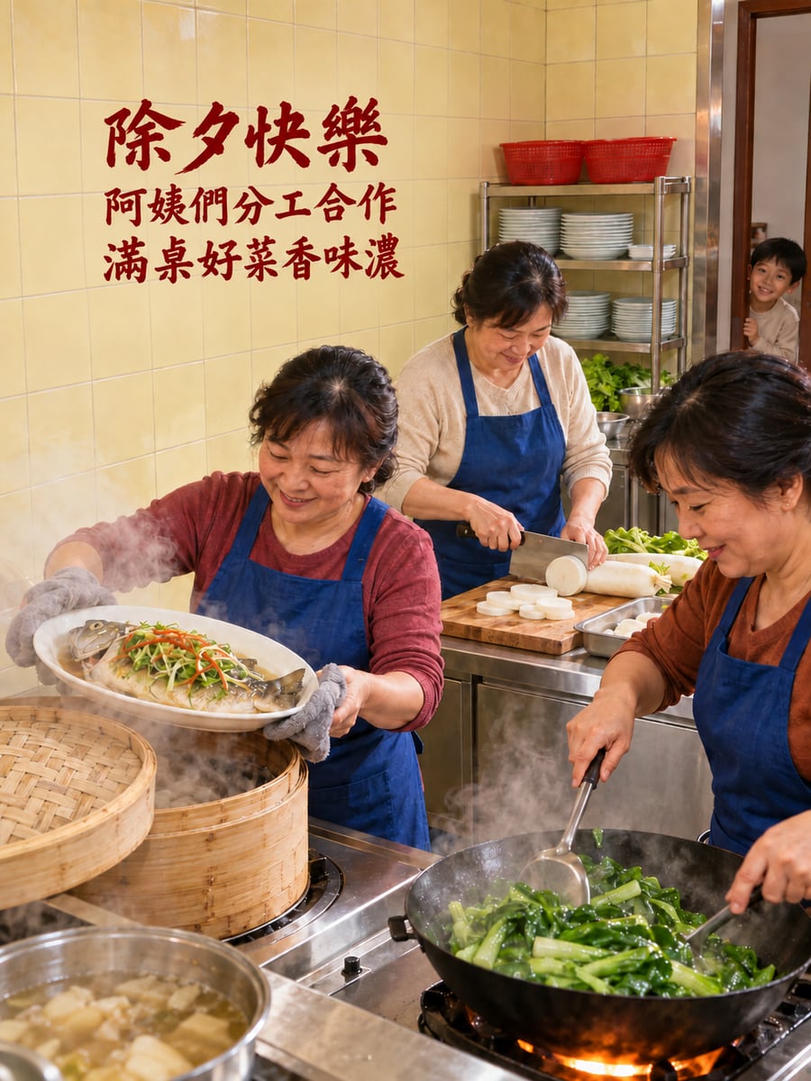 廚房裡阿姨們分工。圖中文字：除夕快樂，阿姨們分工合作，滿桌好菜香味濃