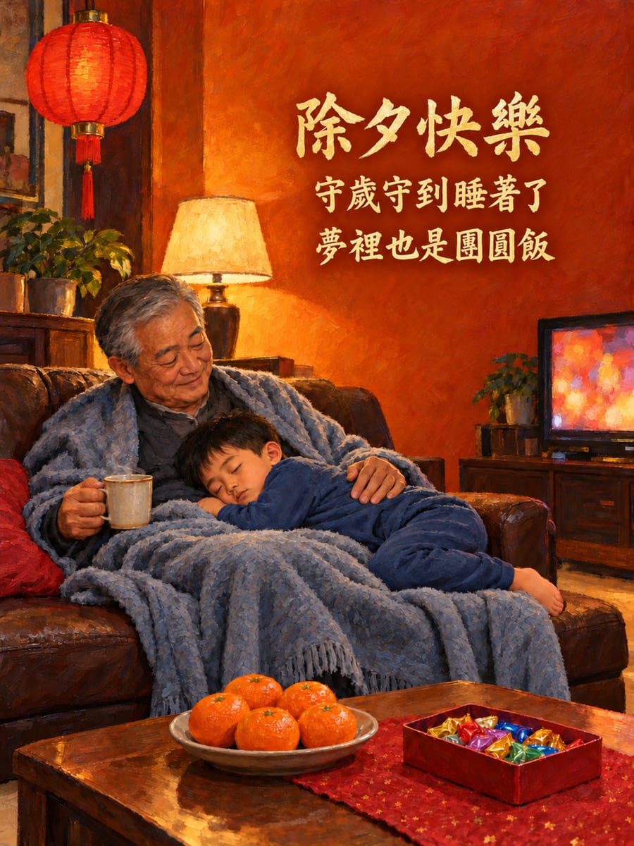 守歲睡在阿公腿上。圖中文字：除夕快樂，守歲守到睡著了，夢裡也是團圓飯