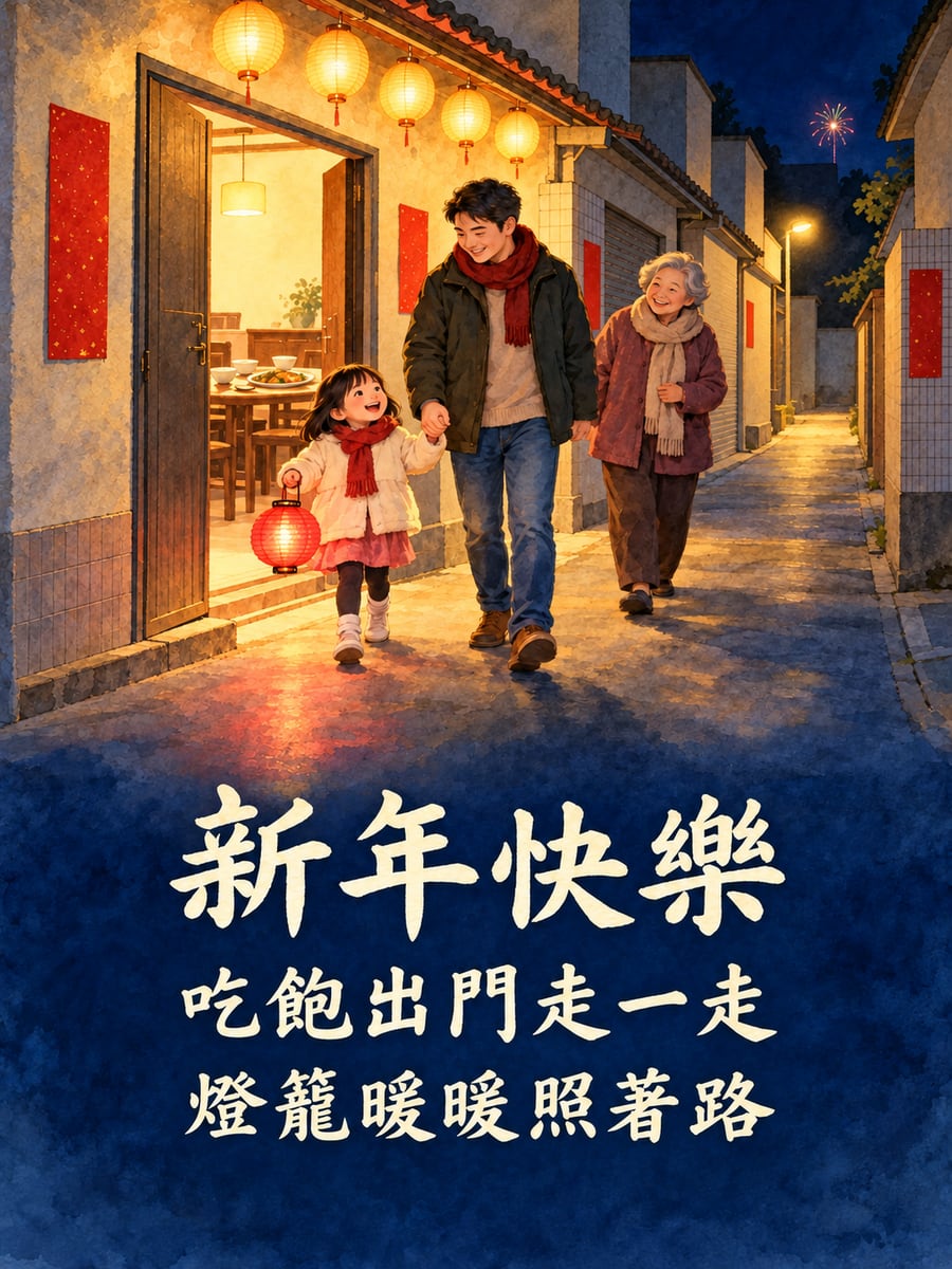 飯後提燈走巷子。圖中文字：新年快樂，吃飽出門走一走，燈籠暖暖照著路
