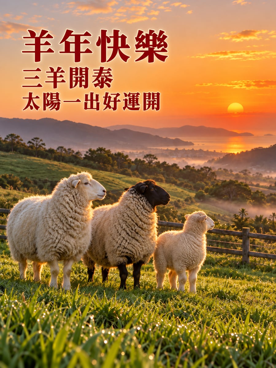 三羊開泰迎日出。圖中文字：羊年快樂，三羊開泰，太陽一出好運開