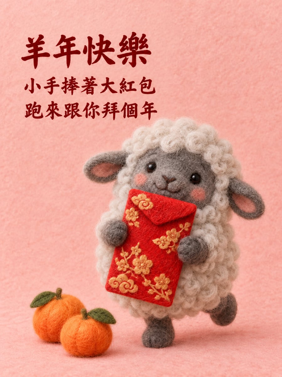 羊毛氈小羊捧紅包。圖中文字：羊年快樂，小手捧著大紅包，跑來跟你拜個年