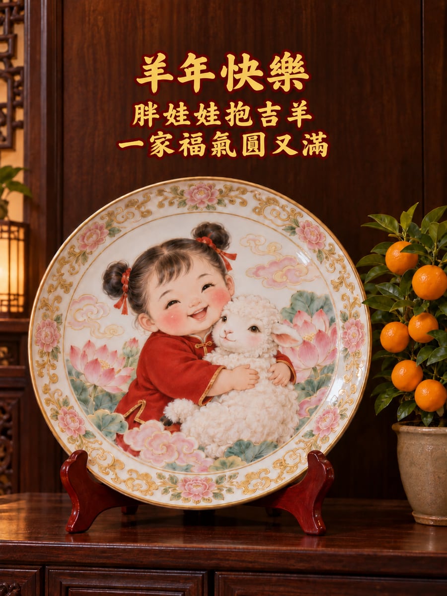 彩瓷盤上的胖娃娃與小羊。圖中文字：羊年快樂，胖娃娃抱吉羊，一家福氣圓又滿