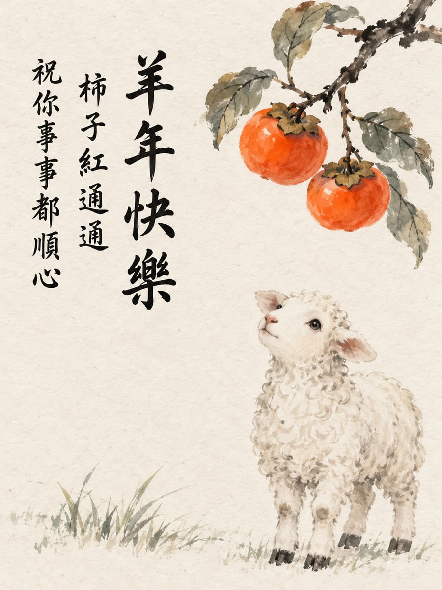 柿子樹下的水墨小羊。圖中文字：羊年快樂，柿子紅通通，祝你事事都順心