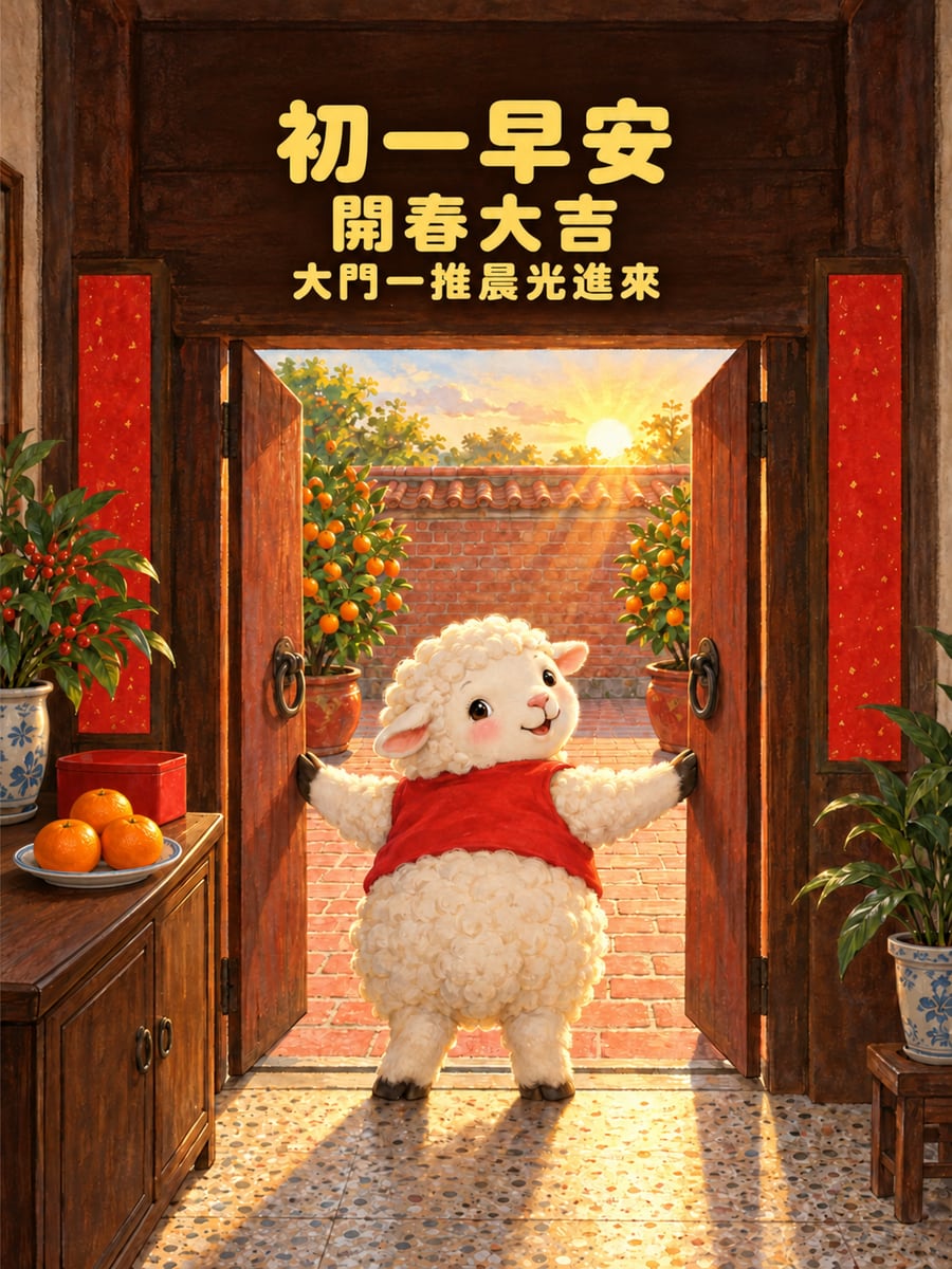 小羊開正迎晨光。圖中文字：初一早安，開春大吉，大門一推晨光進來
