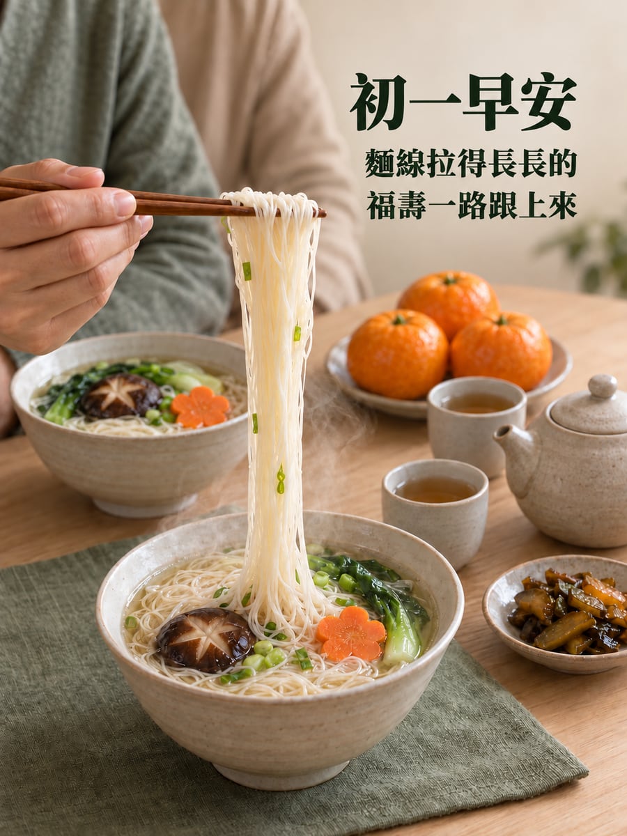 初一早上的長壽麵線。圖中文字：初一早安，麵線拉得長長的，福壽一路跟上來